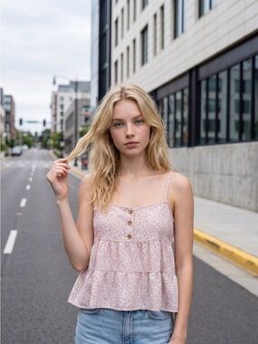 Paper Crane Pink Floral Tiered Spaghetti Strap Tank